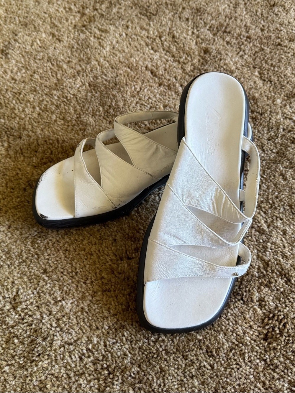 White Clarks leather sandals; good condition